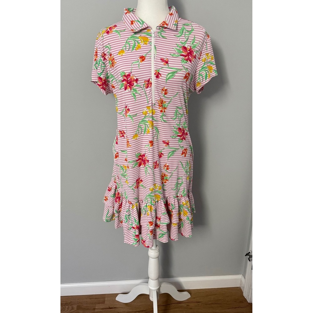 IBKUL Women's Golf Dress Pink Striped Floral Icefil Half Zip Ruffle Hem Large